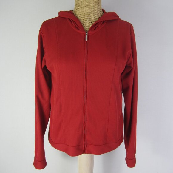 Nike Dri Fit Women S Red LS Hooded Running Athletic Short Full Zip Jacket - Picture 1 of 10